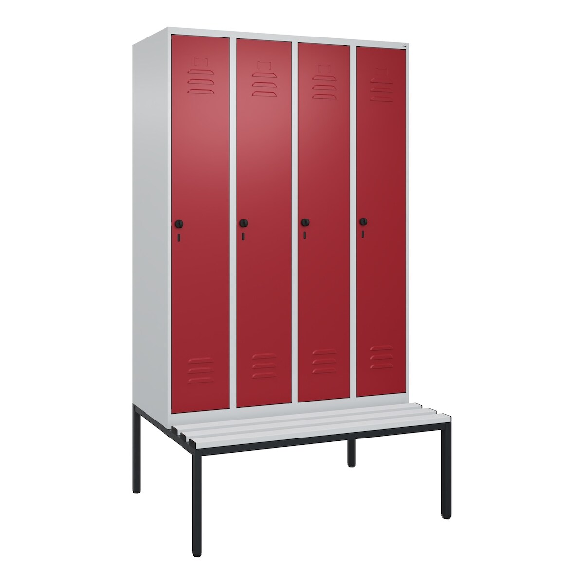 C+P Spind Classic PLUS, Kunststoff untergebaute Sitzbank, 4 Abteile, HxBxT 212x120x82cm, Sicherheitsdrehriegel, Hellgrau/Rubinrot von PROREGAL