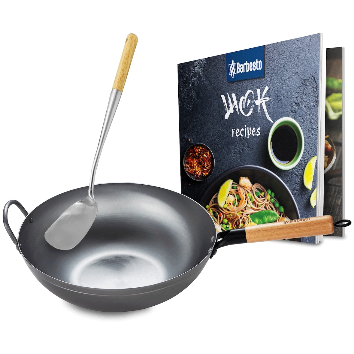 Sárten Wok con libro de recetas y espátula plano
