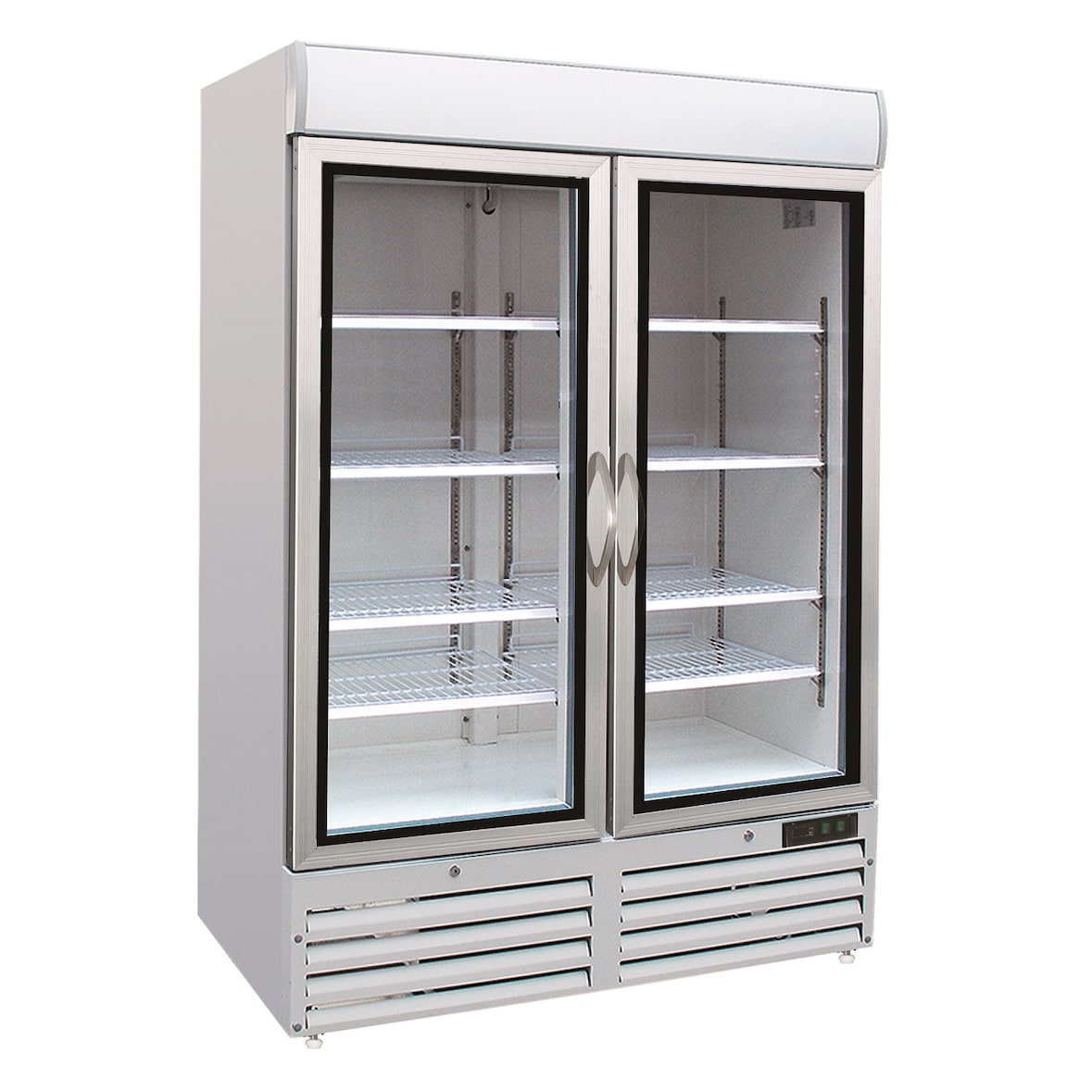 Tiefkühlschrank KOWARI 2 abschließbare Glastür 920L, HxBxT 199x137x72cm, -18/-24°C, Umluftkühlung & 10 Gitter | + CHEFGASTRO Geschirrtuch