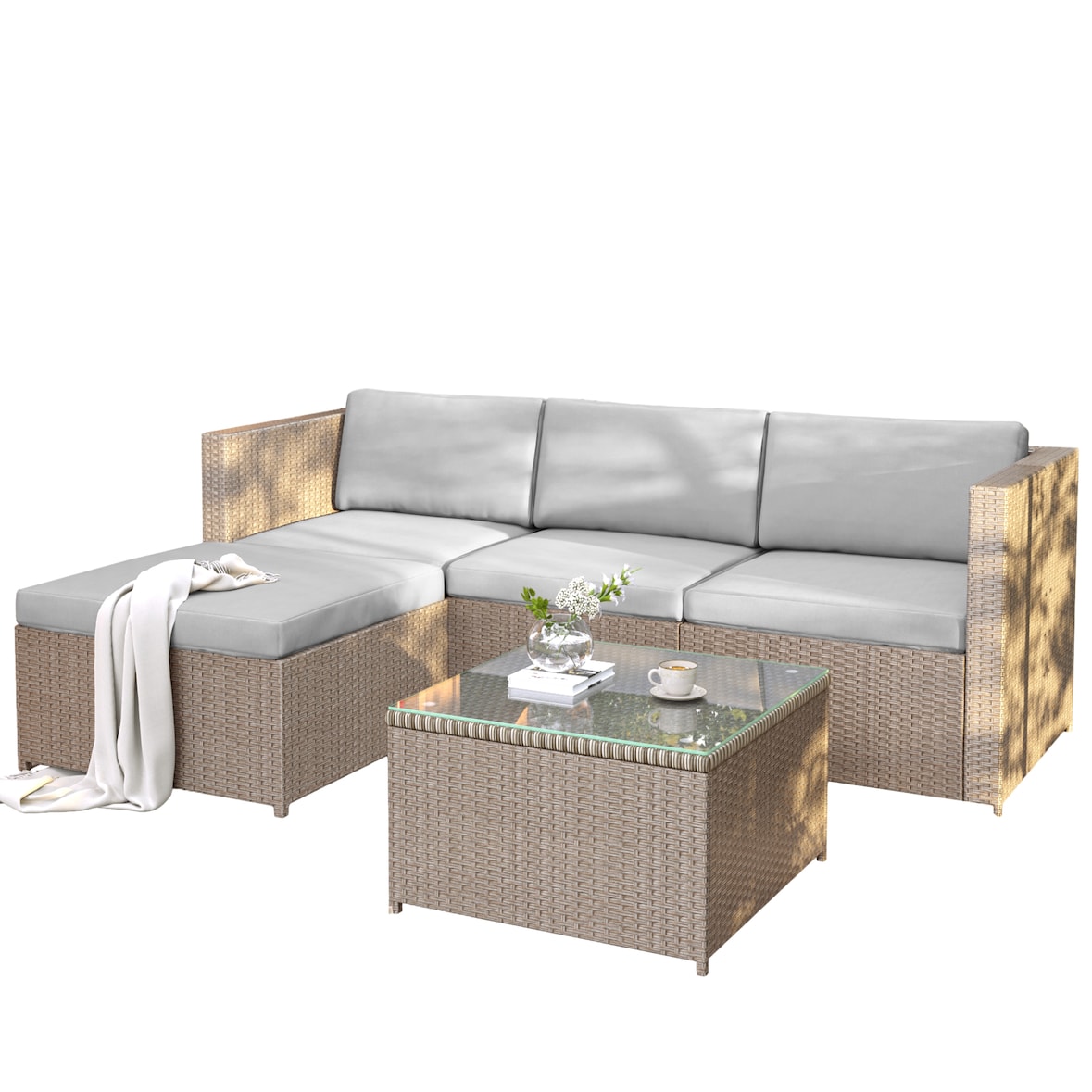 Merax polyrotan loungebankset, lounge tuinmeubelen, bankstel met zit- en rugkussens, loungetafel, bruin