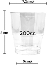 Um copo descartável transparente com dimensões.