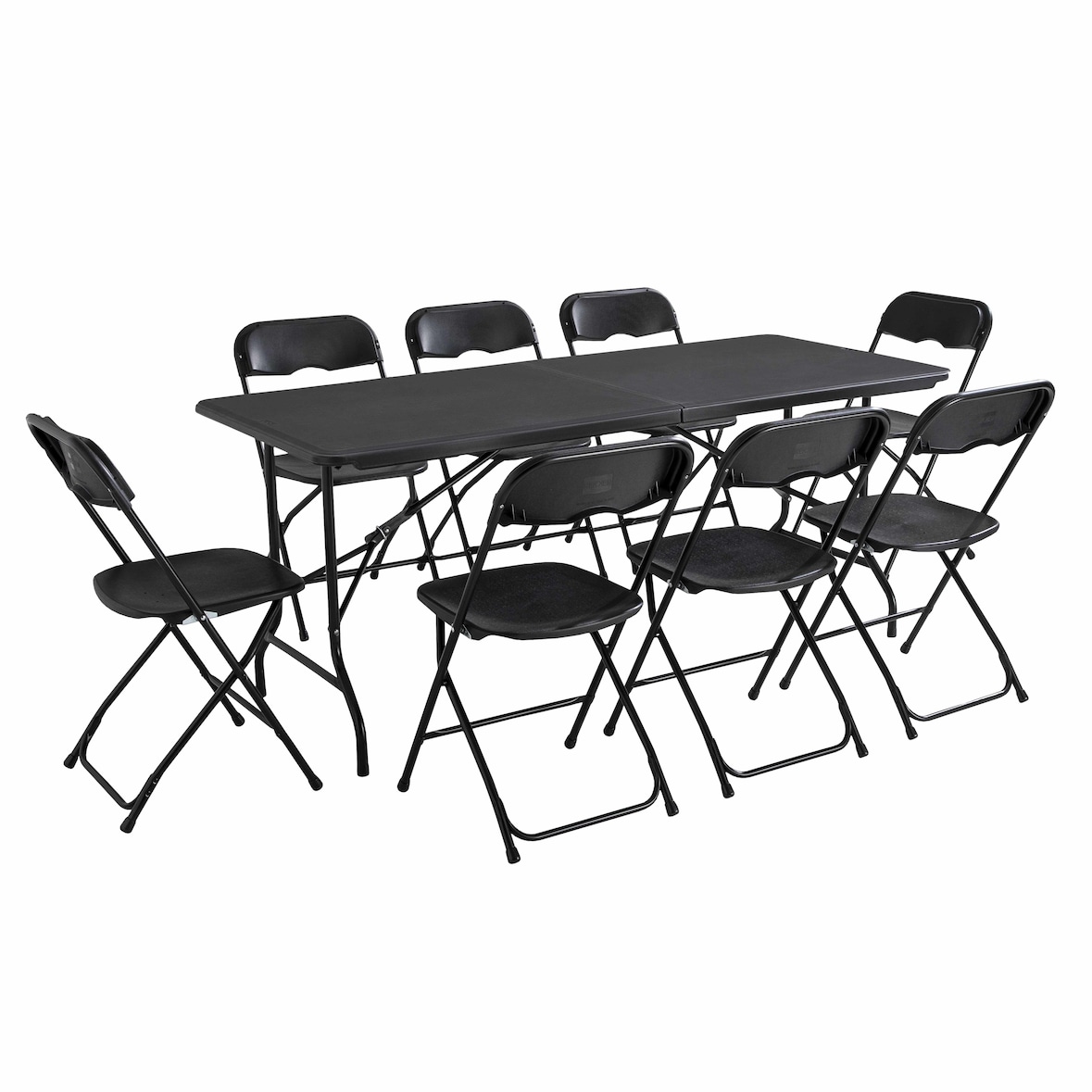 Rekkem faltbare Gartengarnitur HDPE-Tisch 180 x 75 x 74cm Schwarz und Stühle 40 x 45 x 81cm x8 Schwarz