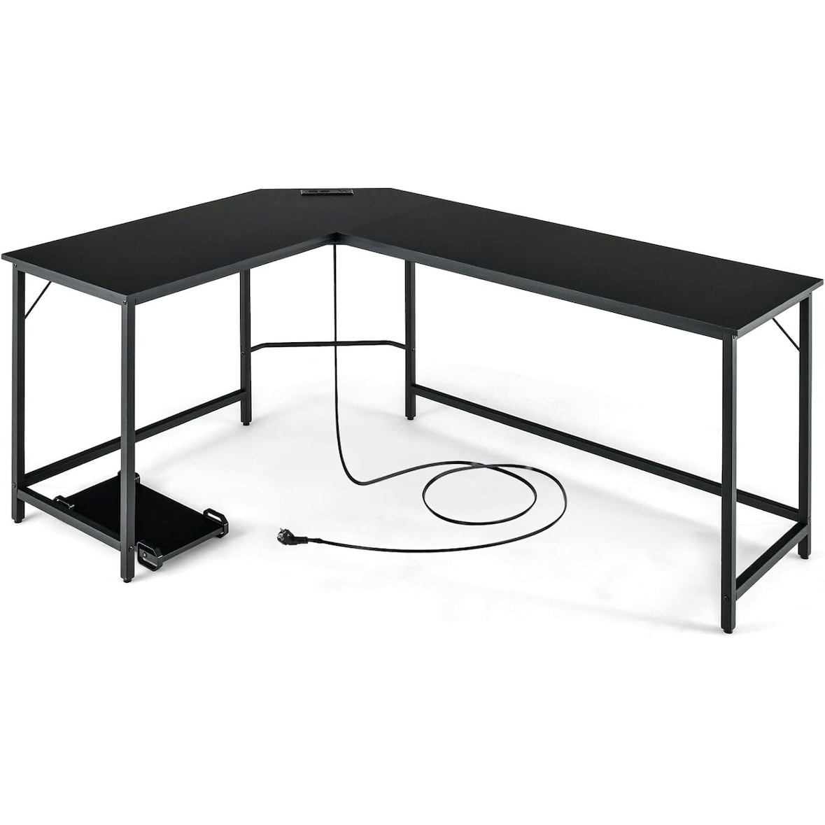 COSTWAY L-förmiger Schreibtisch mit Steckdosen & CPU-Ständer, Eckenschreibtisch, Computertisch, Bürotisch fürs Homeoffice
