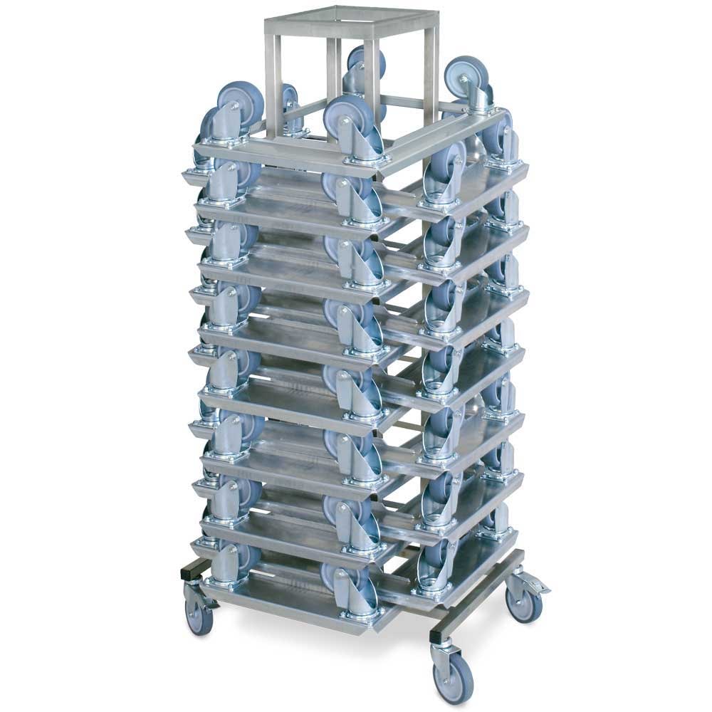 15 Logistikroller aus Edelstahl für Behälter 600 x 400 mm plus Rollerständer aus Edelstahl