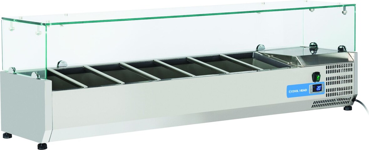 Edelstahl-Kühlvitrine für 7 GN1/4 Tabletts. Abmessungen 150x33.5x44h cm. Temperatur +2°C/+8°C. Kühlkopf VRX 15/33