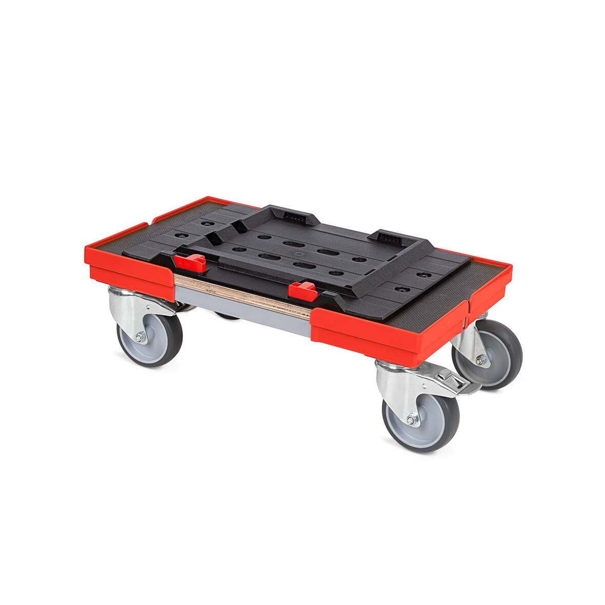 PROREGAL Transportroller für MetaBox L mit Gummiräder | BxT 50x30cm | 2 Bremsrollen & 2 Lenkrollen | Rot | Kistenroller Logistikroller Rollwagen