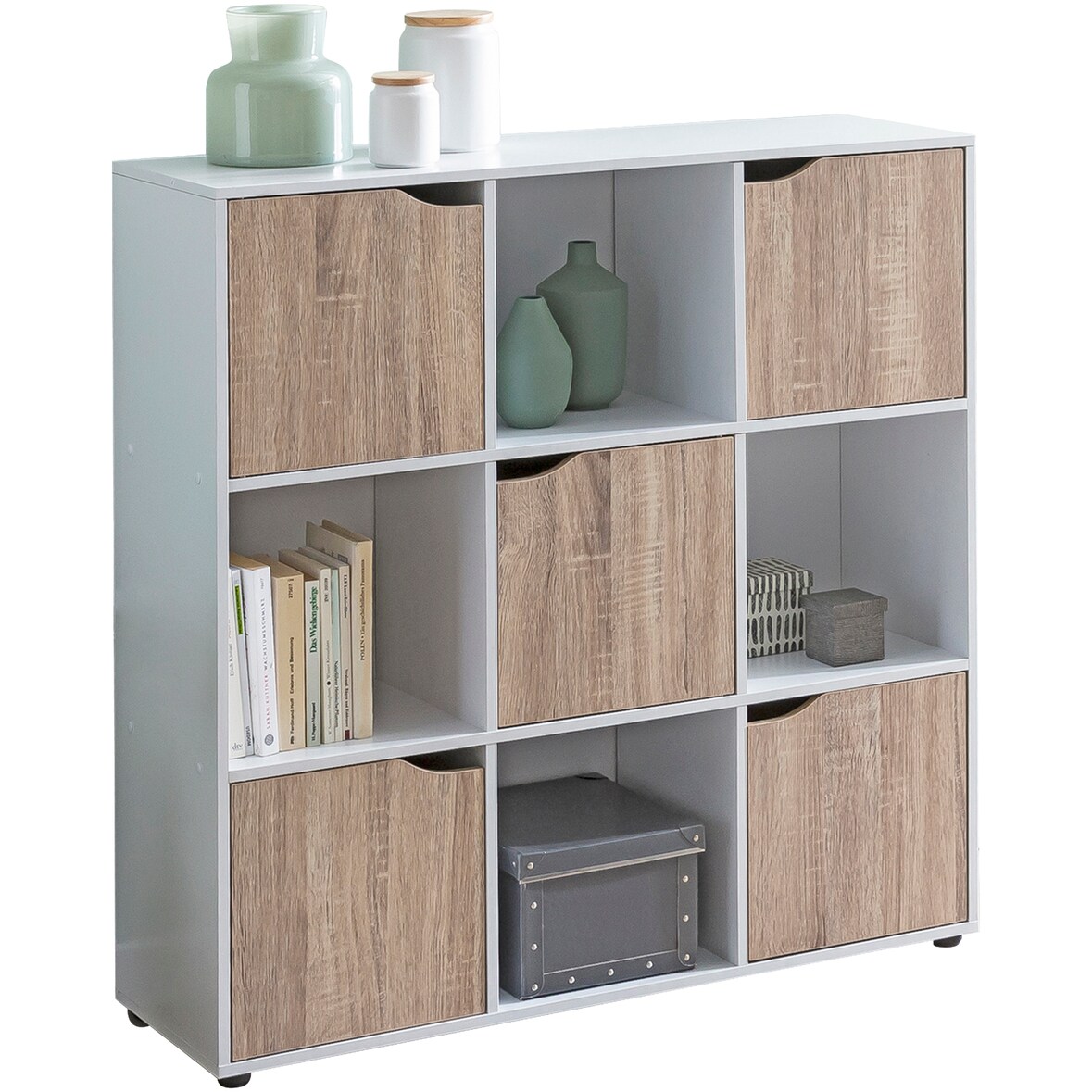 Standregal mit 9 Fächern, Weiß/Sonoma, Stauraum für Bücher/Dekoration. 89x29x91 cm | Kadima Design