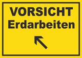 thumbnail of Vorsicht Erdarbeiten mit Richtungspfeil links oben Schild A3 Rückseite selbstklebend