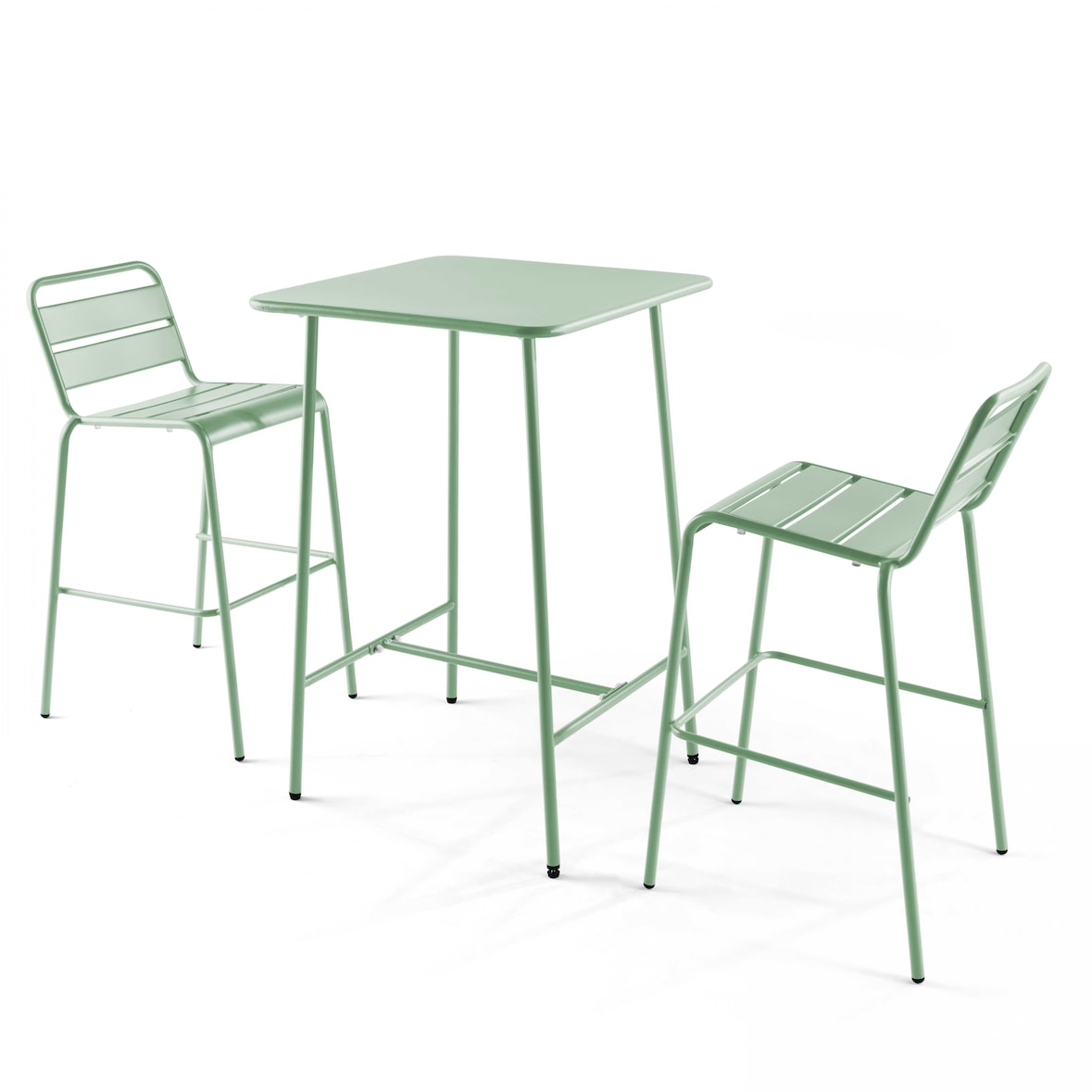 Set van bartafel en 2 hoge stoelen in saliegroen metaal - Oviala