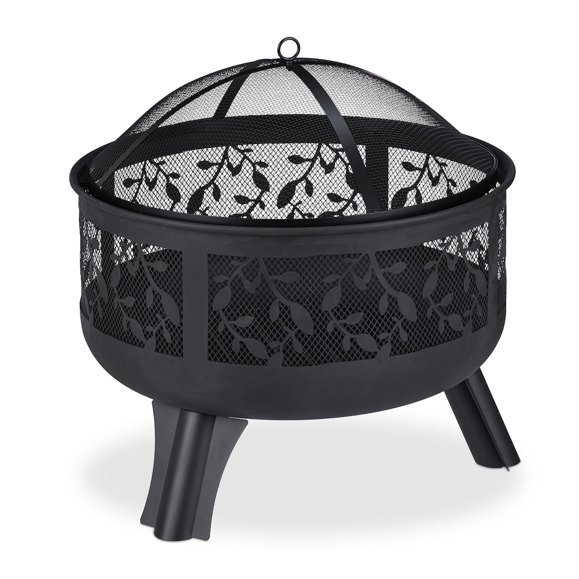 Relaxdays Feuerschale mit Funkenschutz, Garten & Terrasse, mit Schürhaken, Outdoor Feuerkorb, HxD: 60 x 60 cm, schwarz