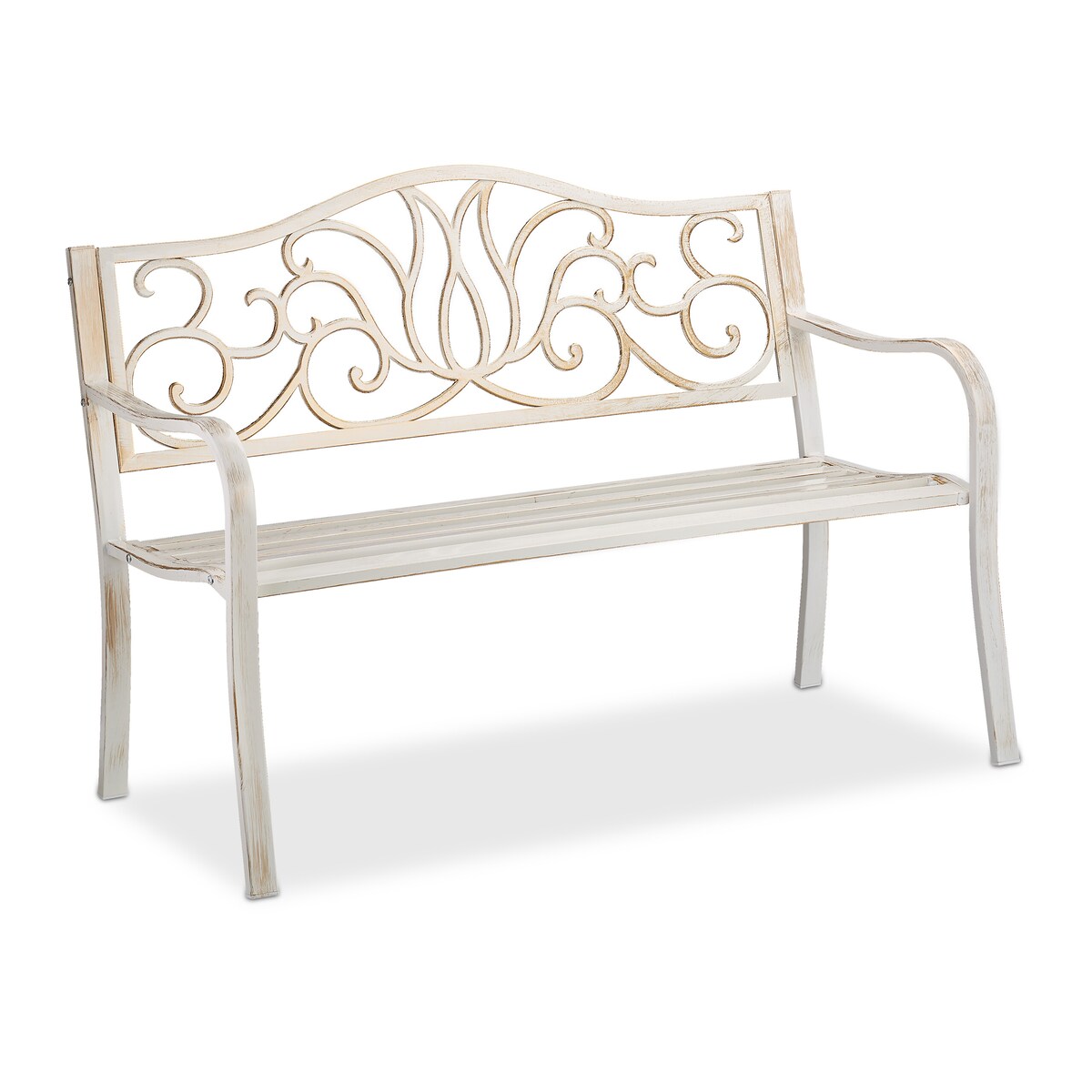 Relaxdays Gartenbank Antik für 2 Personen, Balkon, Terrasse, Metallbank HBT 90x127,5x63 cm, Stahl, Guss, weiß-bronze