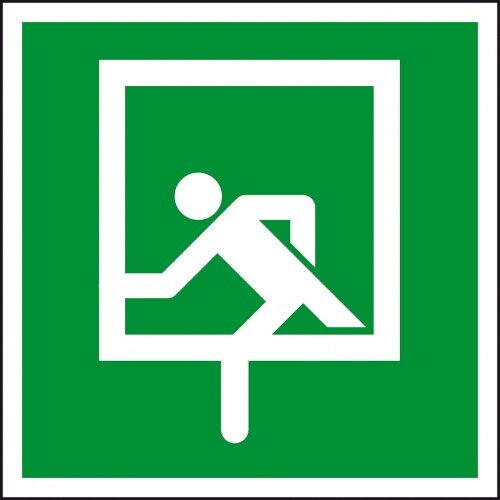 Aufkleber I Rettungszeichen Notausstieg, Folie, selbstklebend, 200x200mm, ASR A1.3, DIN 4844 D-E019