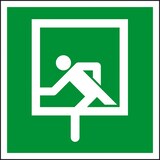 thumbnail of Aufkleber I Rettungszeichen Notausstieg, Folie, selbstklebend, 200x200mm, ASR A1.3, DIN 4844 D-E019