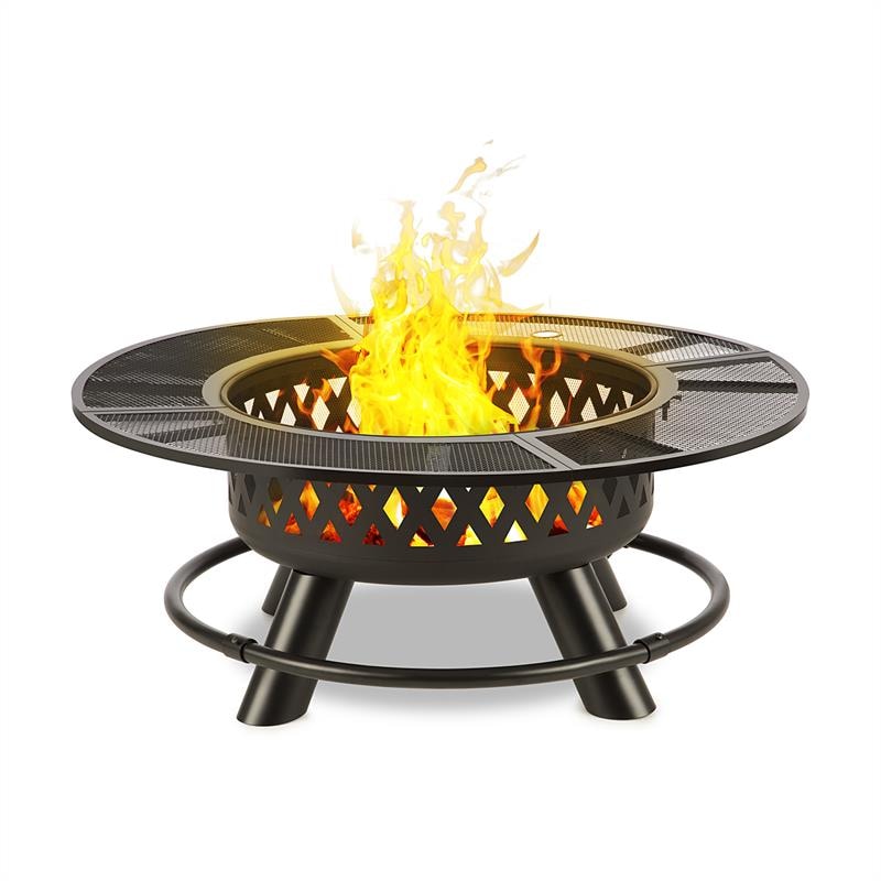 Rosario 3-in-1-Feuerschale Ø120cm | 70cm Grill | Tischplatte Stahl Schwarz