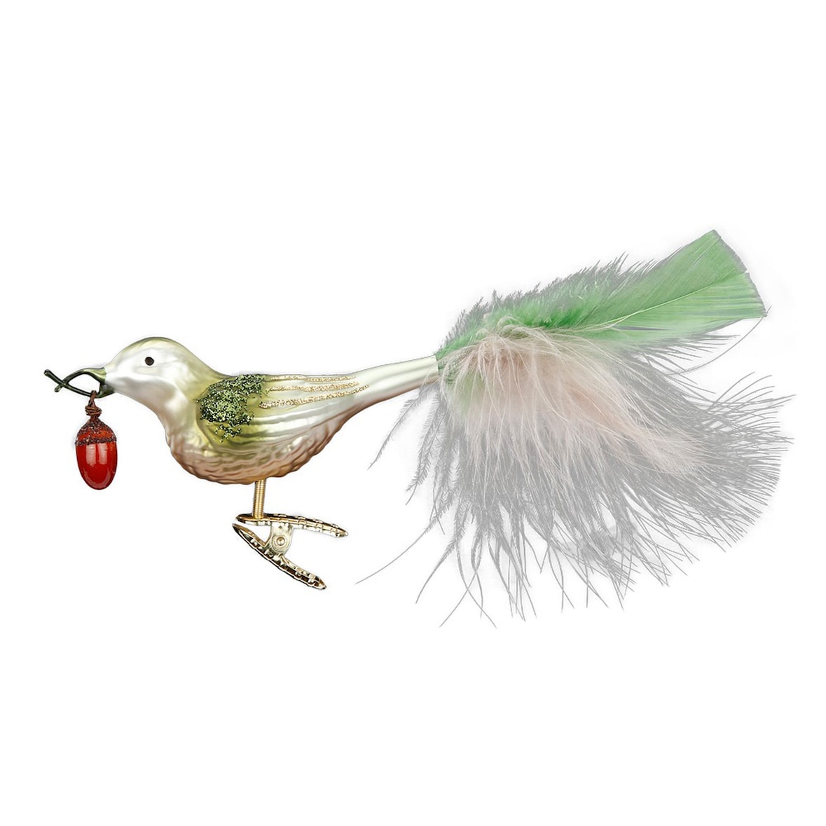 Christbaumschmuck Vogel mit Federn auf Clip 10,5cm - Glas Figur Mundgeblasen & Handbemalt Weihnachtsbaumschmuck Weihnachten Dekovogel Klammer Hellgrün