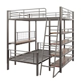 thumbnail of Hoch-Tief-Etagenbett Metallbett Loftbett mit Regalen & Ablagen, flexibles 2-in-1 Design, stabiler Lattenrost, Schwarz 140x200 cm