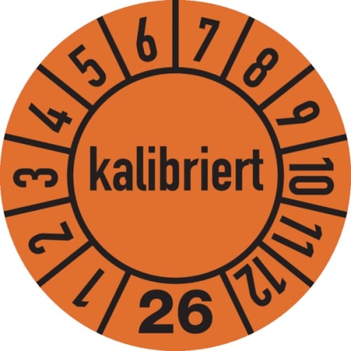Jahresprüfplakette ab 26, kalibriert, orange/schwarz, Folie, Ø 10 mm - Bogen = 10 Plaketten - 10 mm Folie selbstklebend