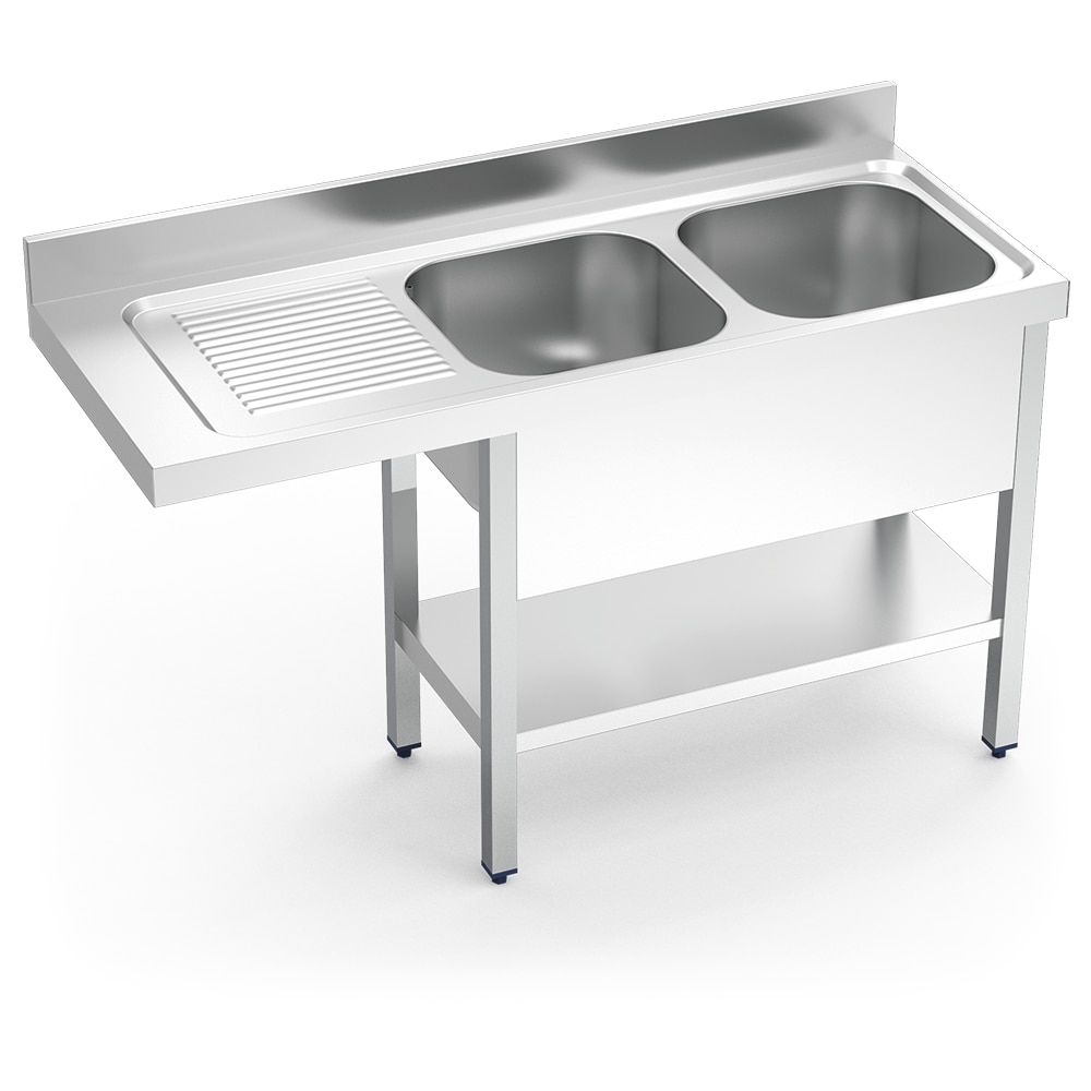 Fregadero para lavavajillas dos cubas, escurridor en la izquierda 1600x700x890 mm.