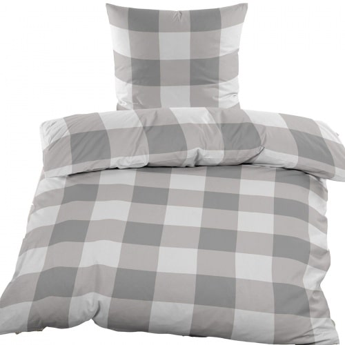 Fleece Winter Bettwäsche 135x200 + 80x80cm, Microfaser, grau hellgrau weiss, kariert