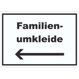 thumbnail of Familienumkleide Schild mit Text und Richtungspfeil links waagerecht A3 Rückseite selbstklebend