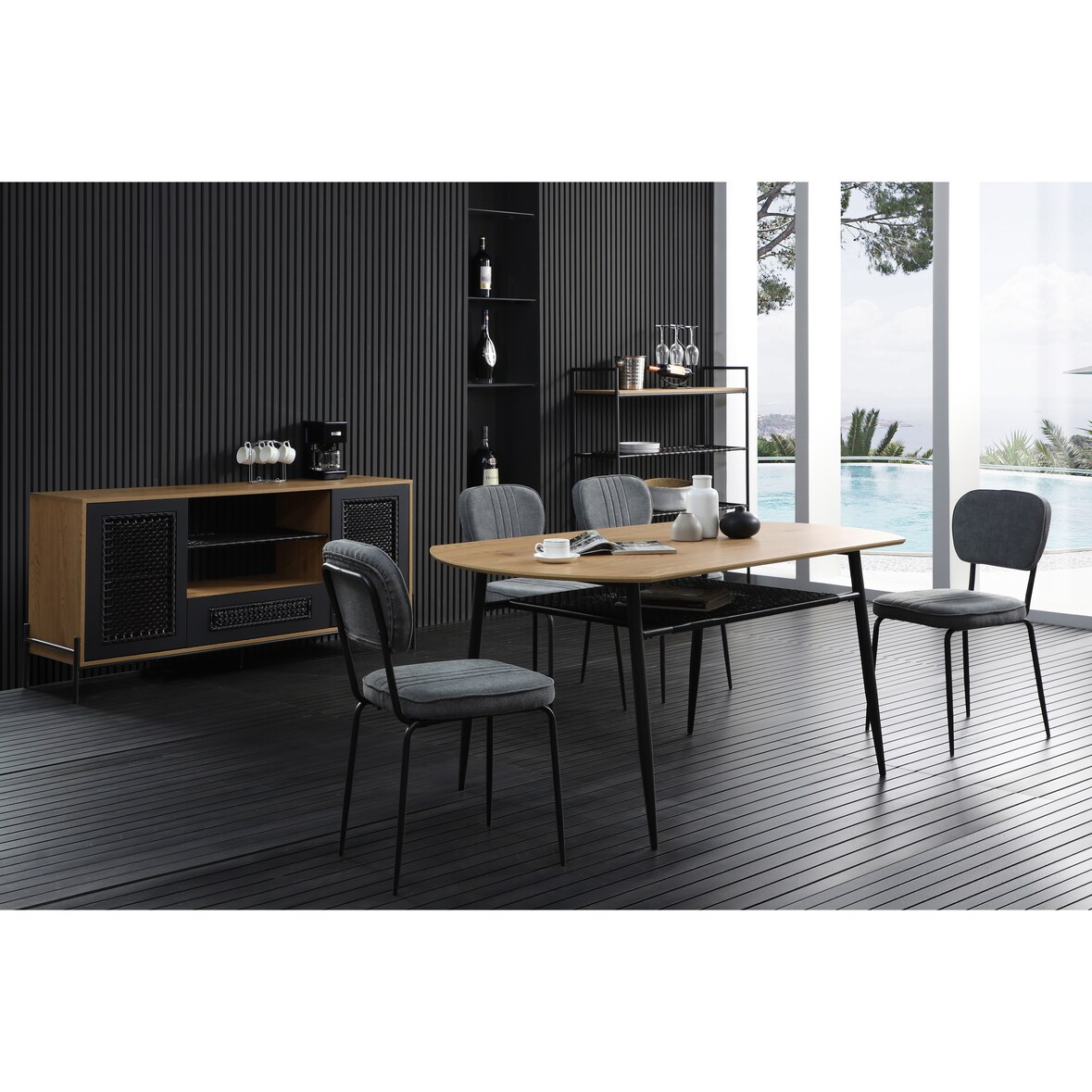 SalesFever Sideboard mit Polyrattan | 2 Türen, 1 Schublade, 2 offene Fächer | MDF natur | Gestell Metall schwarz | B 164 x T 43 x H 76 cm