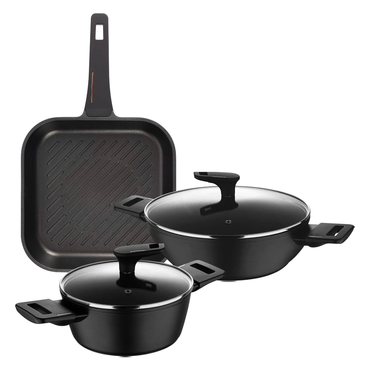 BERGNER Copper – Set aus 2 Kasserollen Ø20cm/Ø28cm (2,2/4,2 L) aus geschmiedetem Aluminium mit Deckeln und Grillpfanne 28×28cm aus Aluminiumguss