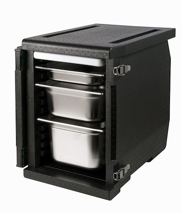 Contenedor isotérmico negro EPP/PPE de 93L para cubo de acero inoxidable GN1/1 - Carril guía - Apertura frontal - T°C de -40°C a +100°C.