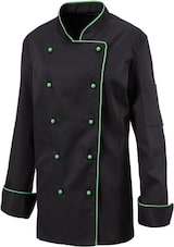 thumbnail of 219 - Damenkochjacke langarm, taillert, Fb. schwarz, mit farbiger Paspel : lemon green 65% Polyester 35%Baumwolle 220 g/m² M