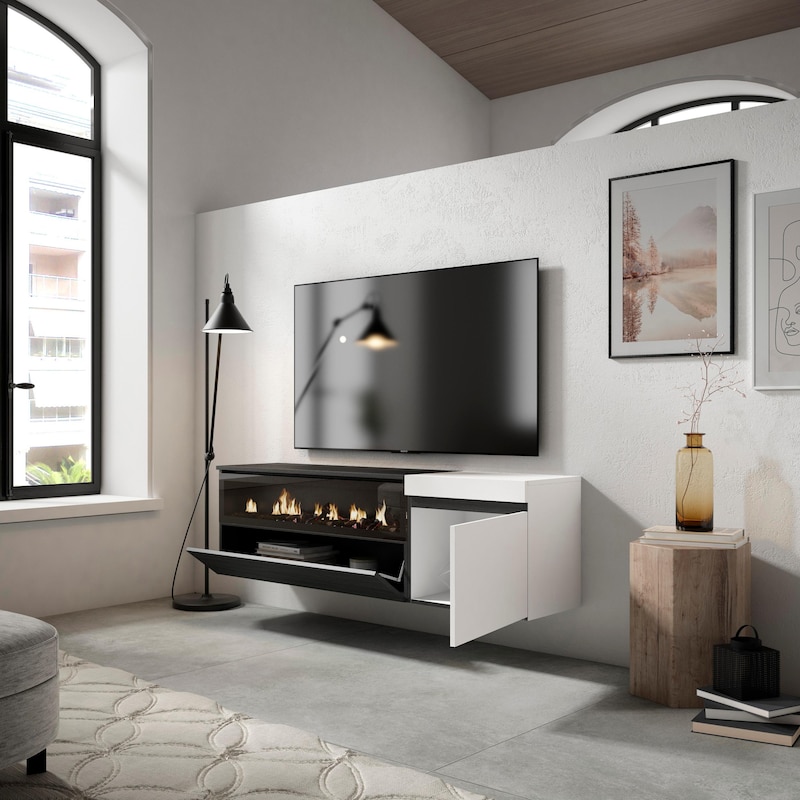 Un mueble multimedia moderno con TV y chimenea.