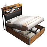 thumbnail of Bett 90x200 cm mit hydraulischem Stauraum, USB-Anschlüssen und Retro-Holz-Metall-Design – multifunktional Schwarz