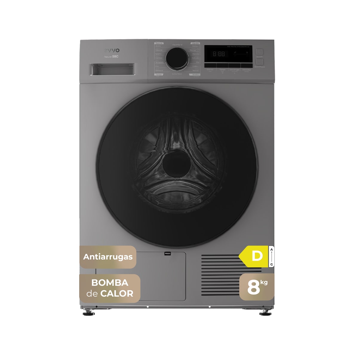 EVVO Secadora 8 kg bomba de calor S8, Clase energética D, Airfresh, Sensor de humedad, Antiarrugas, Inicio diferido, inox