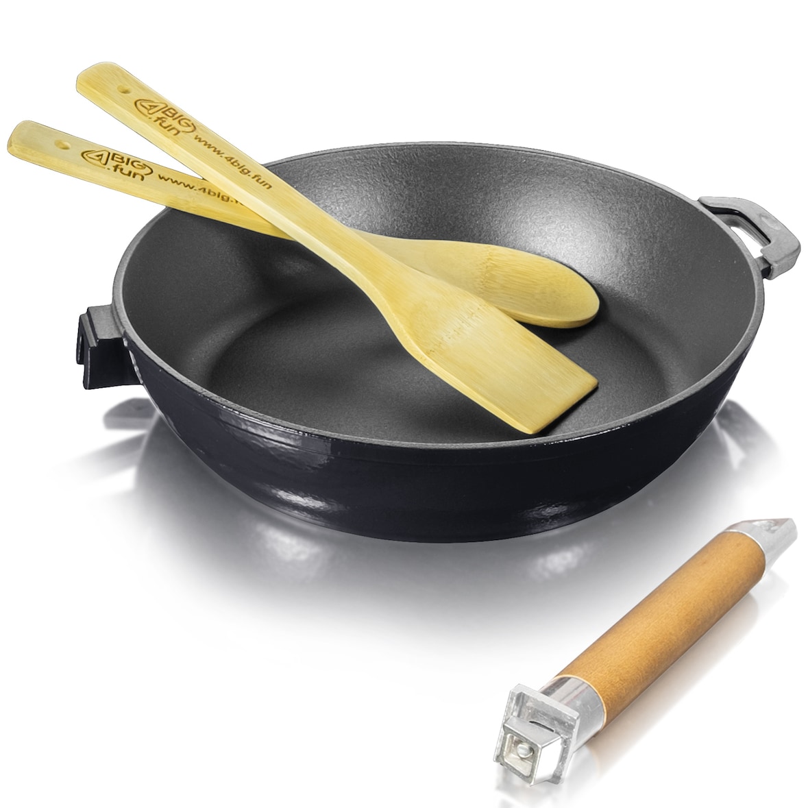 Emaillierte Gusseisen-Bratpfanne 24cm Tief mit abnehmbarem Griff + Pfannenwender + Kochlöffel