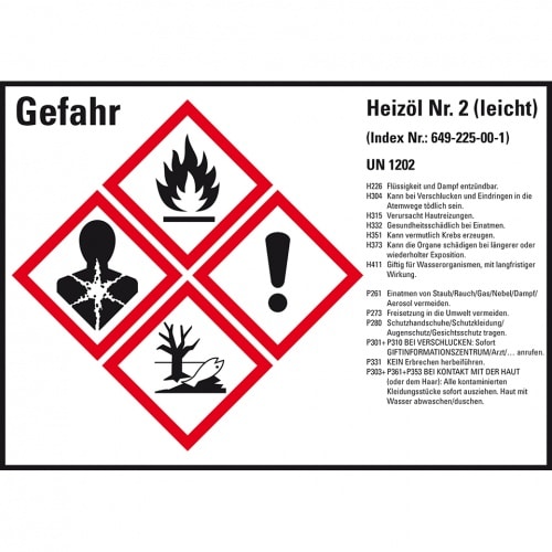 Dreifke® Aufkleber I Gefahrstoffetikett Heizöl leicht UN 1202, GefStoffV/GHS/CLP, 148x105mm, 4/Bogen