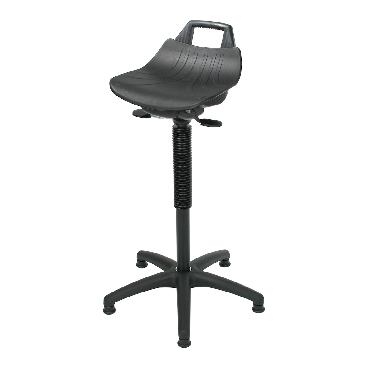 PROREGAL Stehhilfe Denver Hoch, Sitzhöhe 61-86cm, Ø 63cm, Tragfähigkeit 110kg, Kunststoff-Fußkreuz mit Gleiter, Rückenstütze, Tragegriff, Schwarz