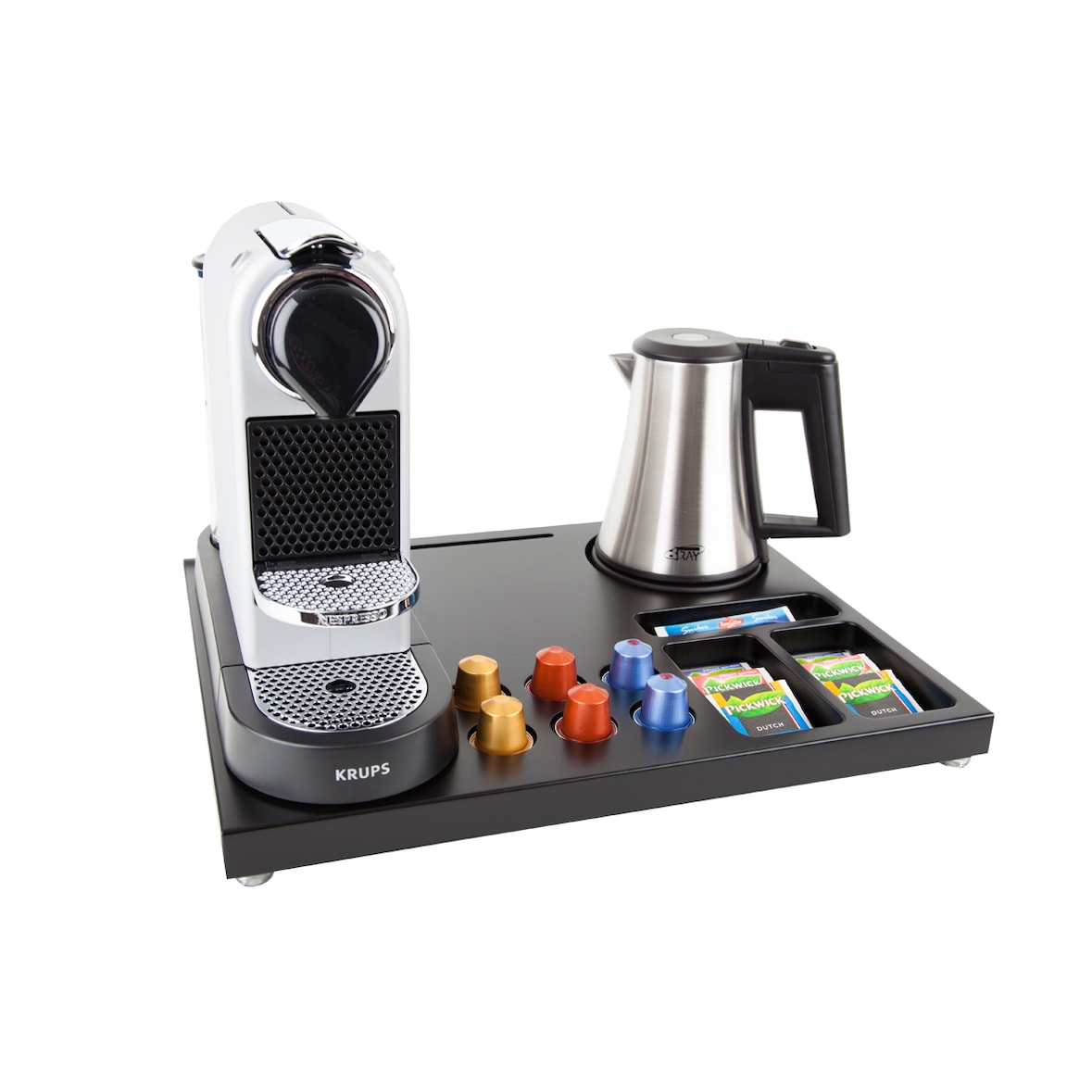 Willkommenstablett SUPREME Schwarz-Braun mit STAR Wasserkocher 0,5 L Edelstahl Begrüßungstablett Kaffeestation Teestation Gästetablett Kaffeetablett