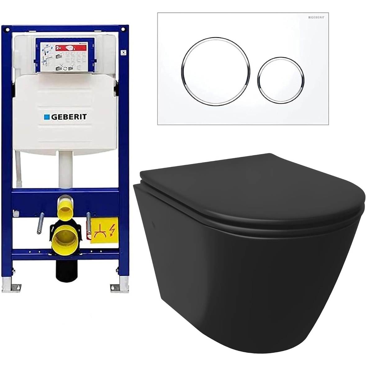 Alpenberger Schwarze Toilette mit Vorwandelement Komplettset | Spülrandloses Hänge WC mit Geberit Spülkasten und Betätigungsplatte | Klo mit WC Deckel