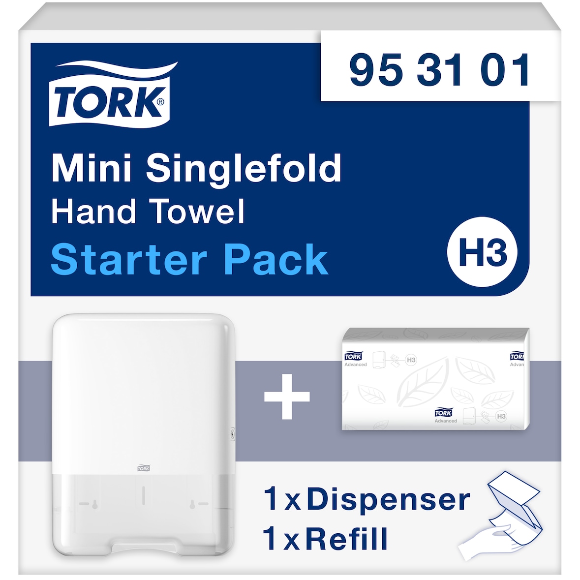 Tork Starter Pack mit Mini Spender für Zickzack-Handtücher Weiß H3, sparsam, Spender und 1 × Nachfüllpackung, 953101