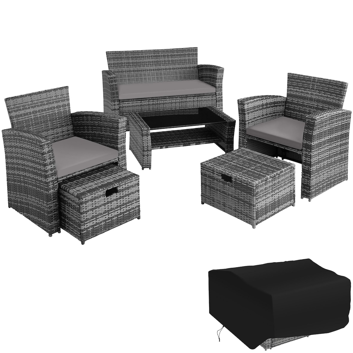 tectake Salon de jardin Modena 3+2+1 avec housse de protection - gris - 403279