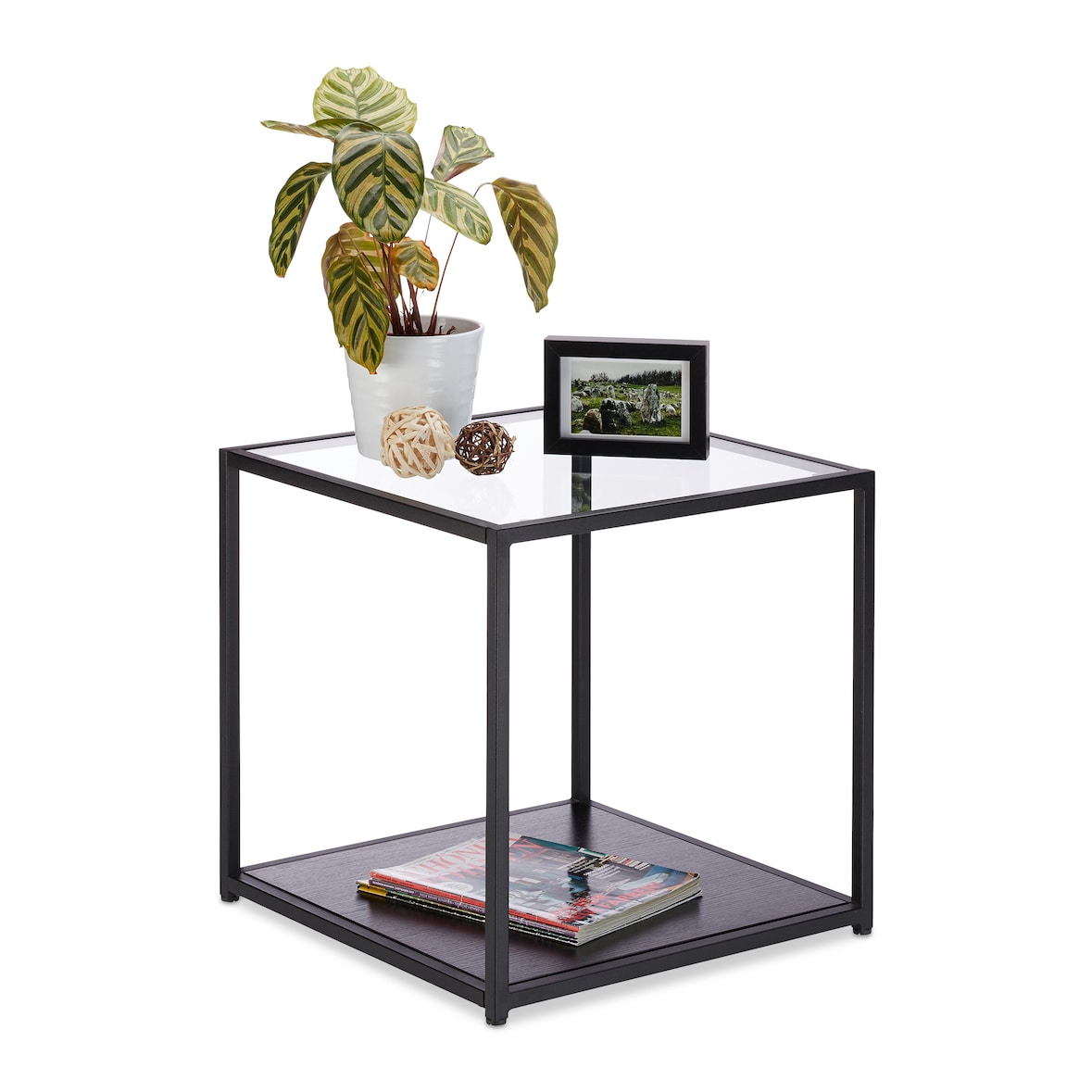 Relaxdays Beistelltisch Glas+Holzablage, Metallgestell, robust, quadratisch, flacher Couchtisch HBT 50x50x50 cm, schwarz