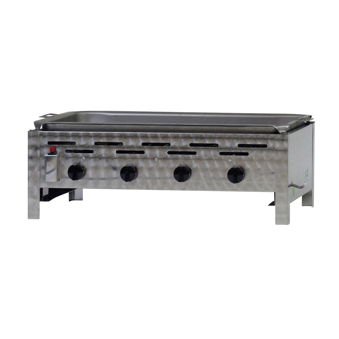 Gastrobräter, 4 Brenner je 3,6 kW, mit Edelstahlpfanne, B 810 mm x T 530 mm x H 270 mm, inkl. Gewerbedruckregler u. Schlauchbruchsicherung
