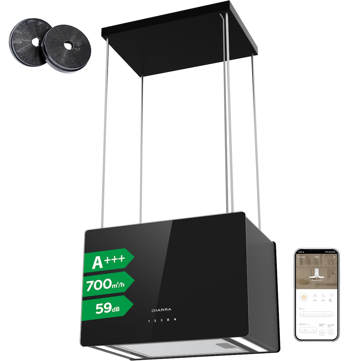 CIARRA A+++ 700 m³/h Cappe a isola sospesa Aspiratore WiFi App Touch Controllo VM4850B