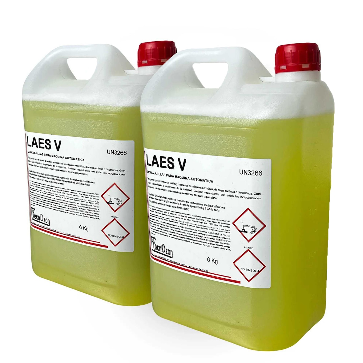 Confezione da 2 taniche di detergente professionale da 6 litri LAES-V per lavastoviglie automatiche per cucine di ristoranti e horeca.