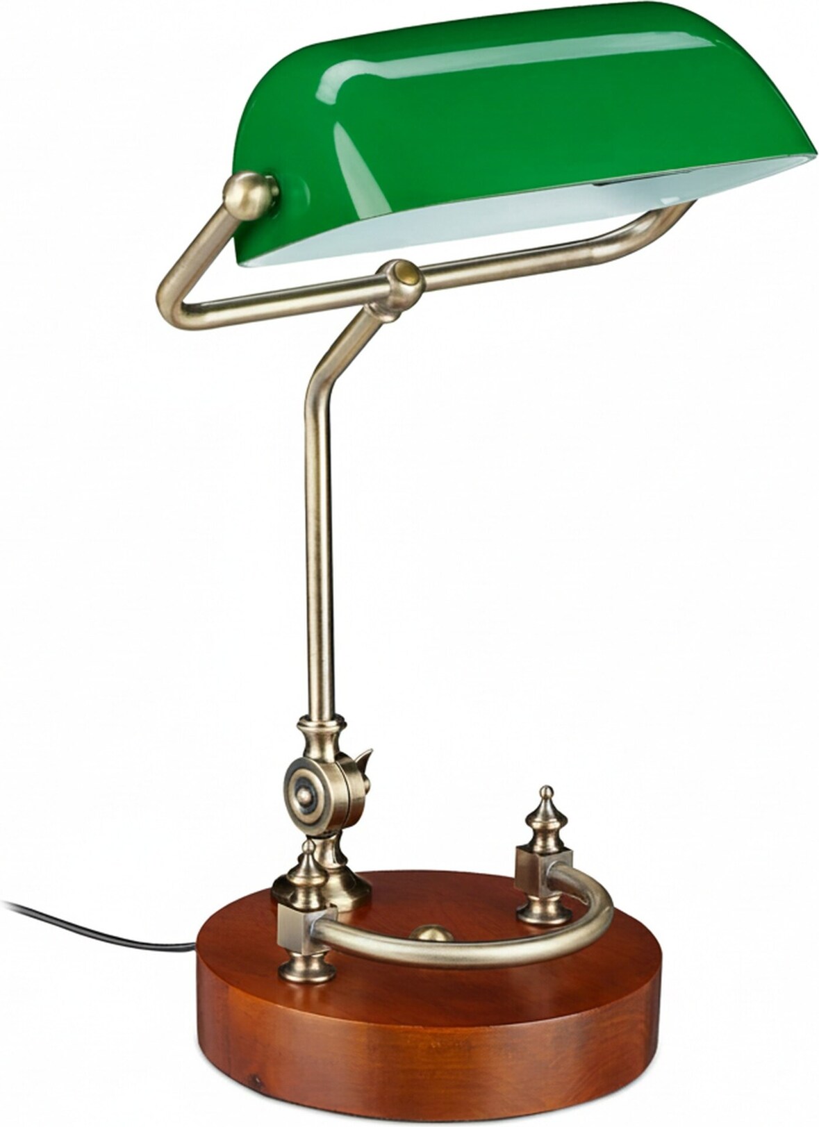Relaxdays Bankerlampe, neigbarer Glasschirm, Holzfuß, E27-Fassung, Schreibtischlampe Retro, Bibliothekslampe, grün-braun