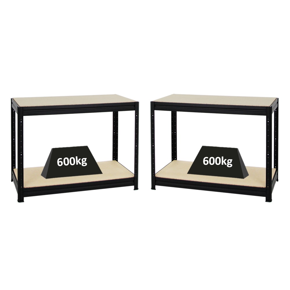 PROREGAL Mega Deal | 2x Höhenverstellbare Werkbank Dino | HxBxT 90x120x60 cm | Traglast 600 kg | Schwarz | Holzplatte