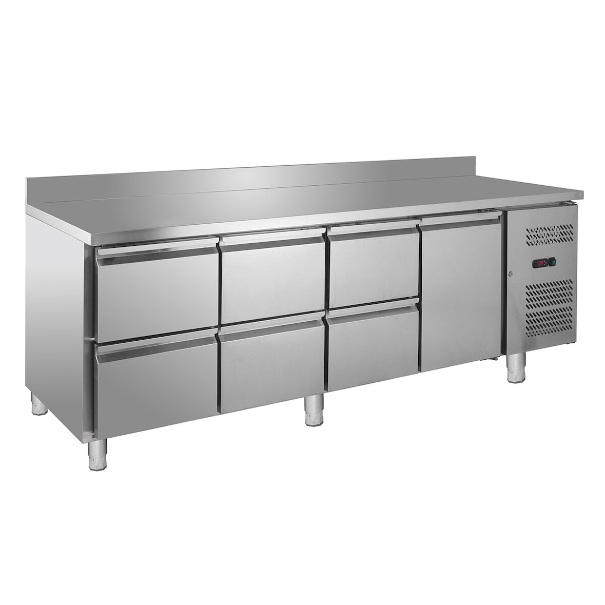 GastroHero Kühltisch Edelstahl GN 1/1 mit Aufkantung 1 Tür 6 Schubladen Umluftkühlung -2 °C bis +8 °C 230 V Profi Gastronomie 2230x700x850 mm