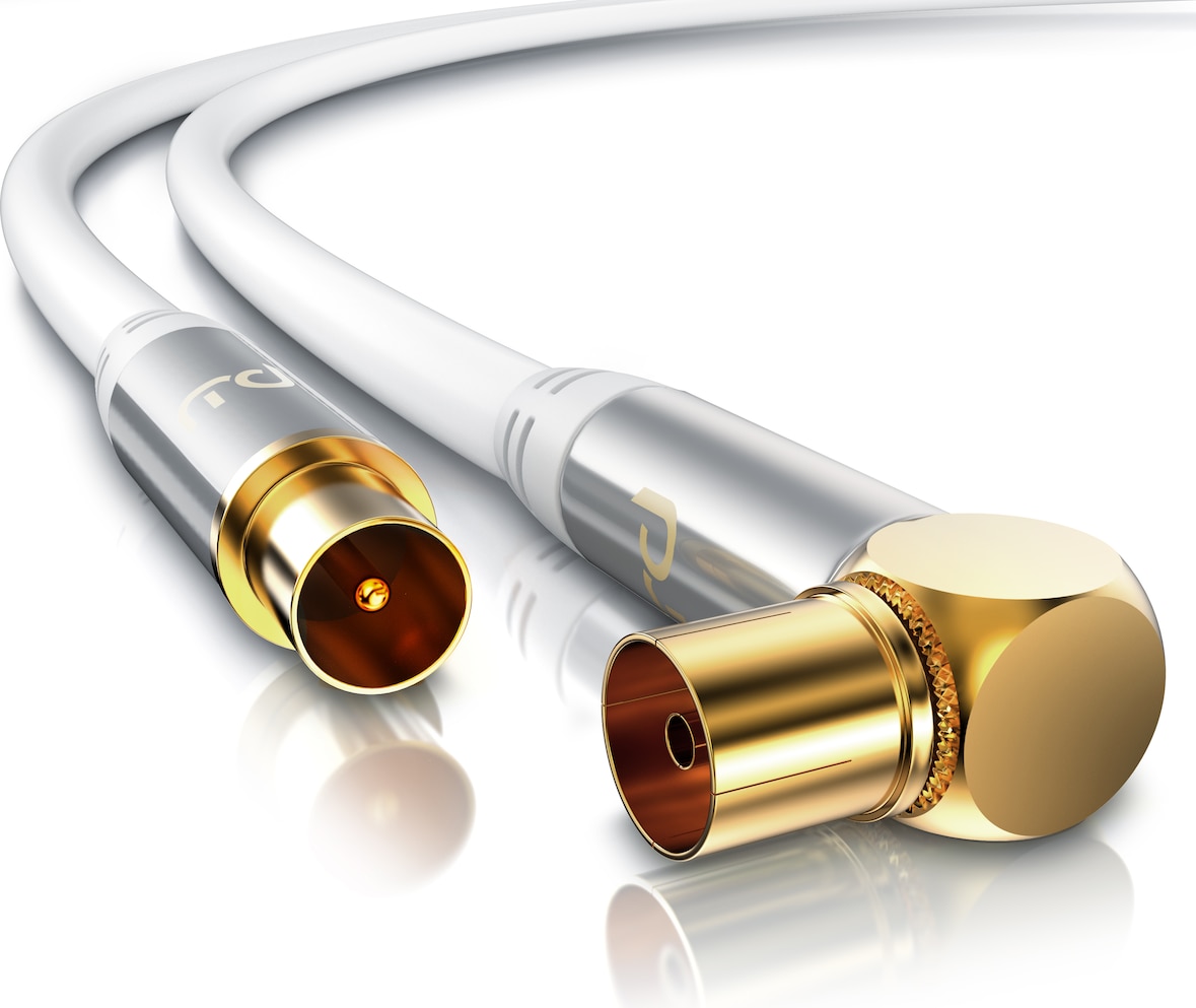 Primewire Antennenkabel gewinkelt - Koaxialkabel - Koax Kupplung 90° Winkel zu Stecker gerade - HDTV 75 Ohm - weiß - 0,5 m