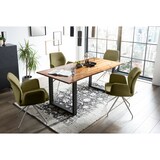 thumbnail of SalesFever Esstischgruppe 5-tlg.|180x90cm|Platte Akazie 26mm cognac|Metallgestell schwarz|4 Armlehnstühle 180° drehbar Strukturstoff |grün–silber
