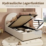 thumbnail of Einzelbett 90x200 mit hydraulischem Stauraum gepolstertem Kopfteil Bouclé-Stoff stabilem Lattenrahmen geräuschdämpfenden Polstern Beige