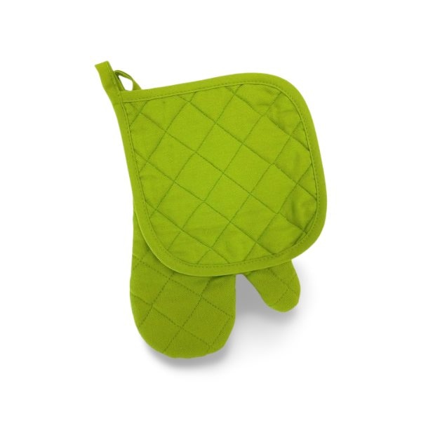 Ensemble gant de cuisine + manique rembourrés, vert, 100% coton
