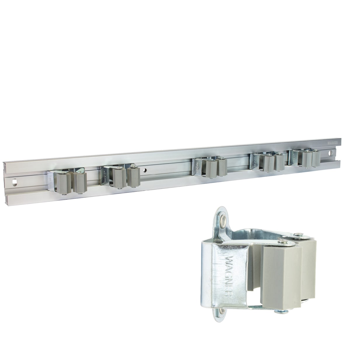 WAGNER Gerätehalter CLIPS & SCHIENE AUSZIEHBAR - 60-110 x 5,5 cm, Aluminium, 5 Clips, Tragkraft bis 2 kg/Clip - 15204611